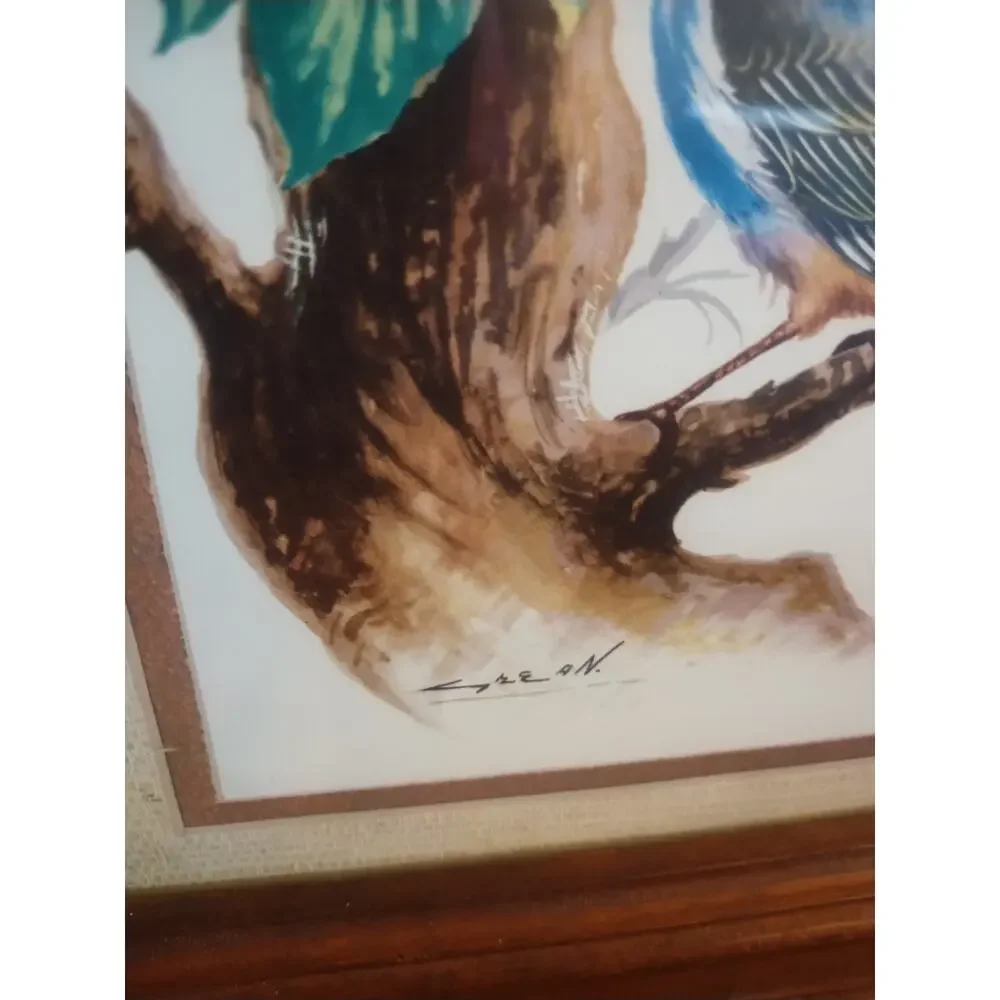 Vintage Art Framed Picture Painting Print Birds Tree Decorative Wood Frame & Mat